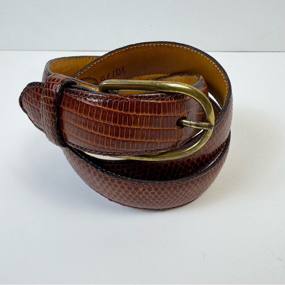 Cole Haan Java Brown Genuine Lizard Leather Belt Brass Buckle Size 30 Classic